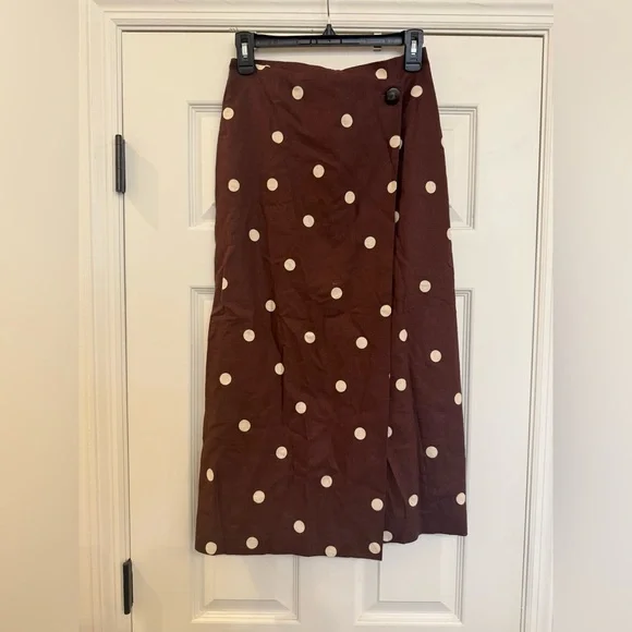NWT Sezane Pierra Wrap Midi Skirt Ecru Brown Dot Linen Maxi Skirt UK 6 US 2 - Picture 4 of 7